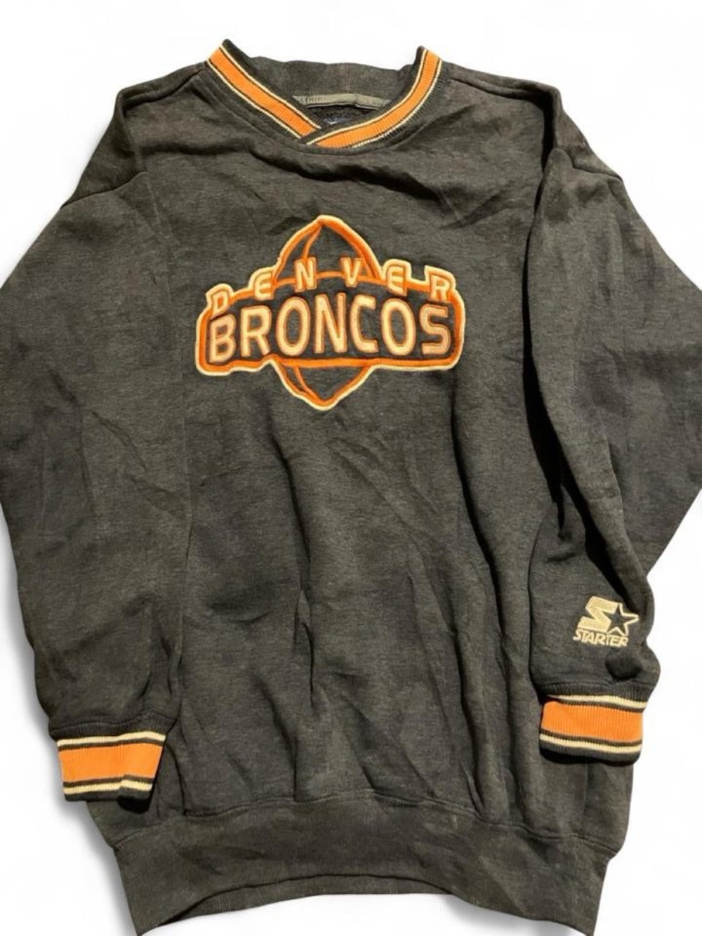 Vintage 90s Denver Broncos Starter Crewneck Sweatshirt Embroidered Striped M